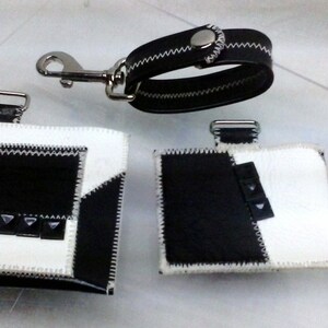 Caja de cuero de patente en blanco y negro, estuche de tarjeta y funda de teléfono - conjunto de 3 piezas. Pulsera a juego con Snap y Clip. Forro de neopreno.