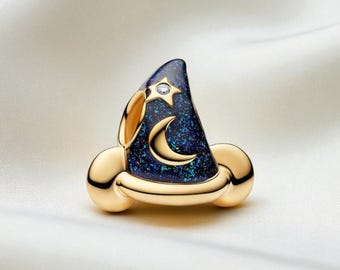 Musse Pigg Trollkarlshatt Berlock, 14k guldpläterade smycken, Magisk Berlock, Musse Pigg Smycken, Present till henne, Passar på Pandora Armband