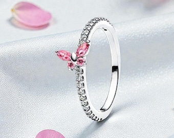 Butterfly Band Ring with Pink & Clear Crystal for Women, Silver Butterfly Ring with Pink Crystals, Dainty Stackable Jewellery Gift for Her