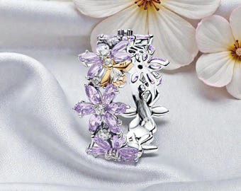 Herbarium & Bee Ring in Sterling Silver with 14K Gold Plated Bee, Purple Flower Detail Ring for Women, Nature Inspired Statement Ring Gift