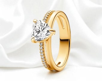 Romantyczny pierścionek z podwójną obrączką dla kobiet, pierścionek w kształcie serca ze złota 14-karatowego z błyszczącym kamieniem centralnym dla niej, prezent na rocznicę