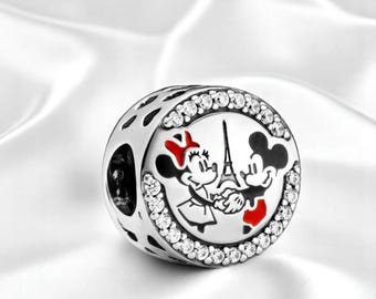Cute Mickey And Minnie Mouse Paris Charm, Fits On Pandora Bracelet, Romantic Silver Pendant, Mickey Jewellery, Gift For Daughter