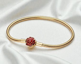 Beauty and the Beast Enchanted Rose Snake Chain Bracelet, Jewellery for Women, Whimsical Disney Accessory, Magical Gift for Her