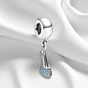 Cinderella Pave Slipper Dangle Charm, Blue Enamel Shoe Pendant, Fits On Pandora Bracelet, Fairytale-Inspired Gift for Her
