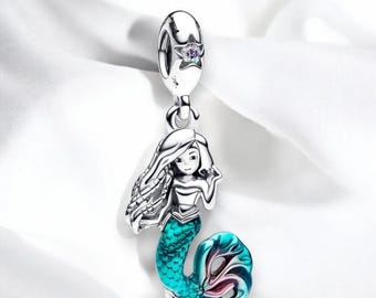Colgante de sirena Ariel con esmalte turquesa, bonito colgante de plata de La Sirenita, compatible con pulsera Pandora, abalorio de sirena, regalo para hija.