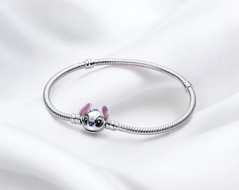 Cute Stitch Enamel Clasp Chain Bracelet, Smart Silver Snake Chain Bracelet Women, Purple Stitch Silhouette Snake Bracelet, Gift For Daughter