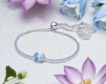 Silver Tennis Bracelet for Women, Adjustable Silver Chain Bracelet with Blue Stone and Bee Detail, Dainty Jewellery Gift for Her