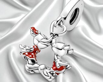 Mickey & Minnie Mouse Kissing Dangle Charm, Iconic Love Jewellery, Gift For Her, Fits On Pandora Bracelet, Heart Charm, Valentines Gift