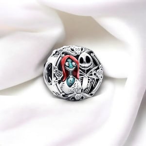 Pulsera con dije de Jack y Sally, dije de pulsera de Halloween espeluznante, colgante de Jack Skellington en plata esterlina, compatible con pulsera Pandora, regalo para ella
