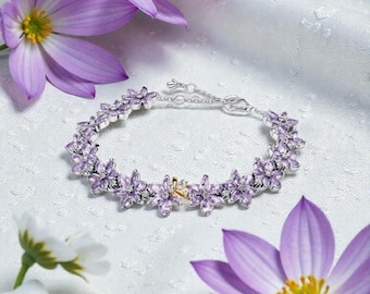 Herbarium and Bee Tennis Bracelet for Women, Bridgerton Inspired Purple Crystal Floral Bracelet, 14K Gold Plated Bee Detail Gift for Her