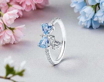 Blue Crystal Bow Ring for Women, Sterling Silver Sparkling Ring with Blue Stones, Dainty Bow Ring with Clear & Blue Stones, Gift for Her