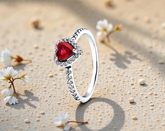 Heart-Shaped Stone Ring for Women, Sterling Silver Band with Pavé Detailing, Romantic Anniversary Jewellery for her, Red Heart Gift Ring