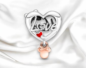 Heart Pendant With Rose Gold Minnie Mouse, Silver Mum Pendant, Dangle Red Enamel Bracelet Charm, Fits On Pandora Bracelet, Mothers Day Gift