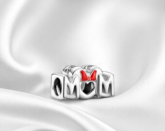 Cute Red Bow Minnie Mouse Mum Charm, Silver Heart Minnie Mouse Charm, Silver Mum Pendant, Fits On Pandora Bracelet, Mum Gift