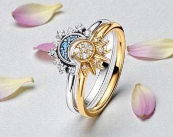 Moon And Sun Ring Set, Sterling Silver And Gold Plated Ring Set For Women, Celestial Stacking Rings, Metal Ring Gift, Dual Band Jewellery
