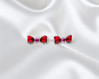 Graziosi orecchini con fiocco rosso per donna, orecchini a bottone scintillanti color bianco neve, orecchini a bottone con fiocco in cristallo rosso e smalto, regalo per lei