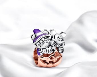Cute Halloween Pumpkin and Mickey Mouse Charm, Rose Gold Pumpkin With Silver Mickey & Minnie Mouse, Fits On Pandora Bracelet, Halloween Gift