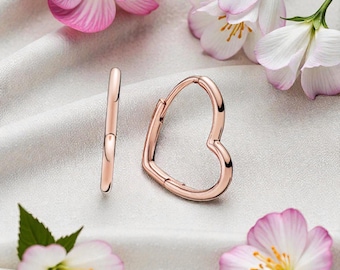 Heart Hoop Earrings in Rose Gold, Asymmetrical Hoop Earrings for Women, Minimal Heart Jewellery Gift for Her, Romantic Earrings for Her