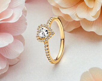 Gold Heart Ring for Women with Sparkling CZ Accents in 14K Gold Plated, Dainty Heart Shaped Ring Jewellery Gift for Her, Romantic Ring