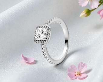 Silver Square Halo Ring with Clear Centre Stone, Silver Pave Band Ring for Her, Promise Ring For Her, Romantic Gift Jewellery For Women