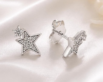 Stars Studs Earrings, Sterling Silver Star Earrings for Women, Celestial Earrings, Sparkle Star Jewellery for Her, Asymmetrical Jewellery