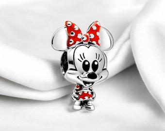 Red Dress Minnie Mouse Bracelet Charm, Playful Minnie Mouse Red Hair Bow Charm, Silver Pendant, Fits On Pandora Bracelet , Gift For Daughter