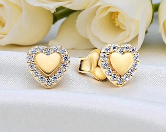Heart Halo Stud Earrings for Women, 14k Gold Plated Heart Earrings with Clear Crystals, Romantic Stud Earrings Gift for Her, Heart Jewellery