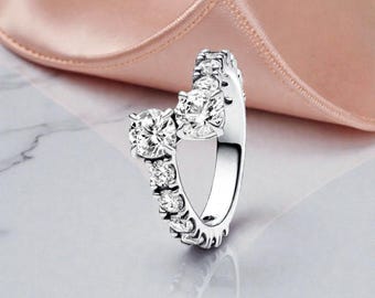Silver Pavé Solitaire, Sparkling Ring with Overlapping Band and Round Cut Centre Stone for Women, Sparkling Elegant Statement Piece