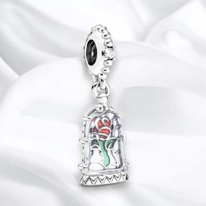 Adorable Beauty & The Beast Charm Bracelet, Elegant Enchanted Rose Charm, Magical Spell Jar Floral Pendant, Fits On Pandora Bracelet