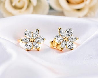 Orecchini a grappolo placcati in oro 14 carati, orecchini floreali scintillanti con cristalli per donna, gioiello minimalista in oro, regalo per lei, gioielli floreali
