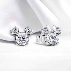 Silver Mickey Mouse Stud Earring, Cute Cubic Zirconia Minnie Studs, , Sparkling Earrings, Minnie Mouse Stud, Gift For Her