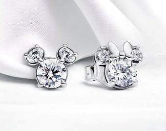Srebrne kolczyki w kształcie Myszki Miki, urocze cyrkonie sześcienne z Myszką Minnie, błyszczące kolczyki, kolczyki Myszka Minnie, prezent dla niej