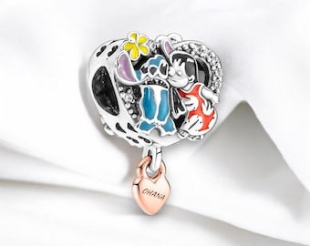 Pulseira de pingente Lilo de prata e ouro rosa, pulseira de pingente Cute Stitch, joias com pingente de coração de prata, serve na pulseira Pandora, presente para irmã