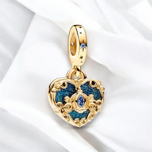 Elegant Cinderella Heart Pendant, 14k Gold Carriage & Blue Enamel Heart Charm, Double Dangle Gold Heart Charm, Fits On Pandora Bracelet