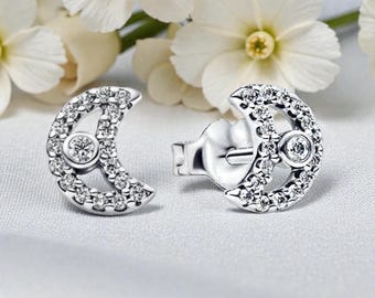 Sparkling Moon Stud Earrings in Sterling Silver, Celestial Jewellery for Women, Moon Earrings Gift for Her, Moon Lover Stud Earrings