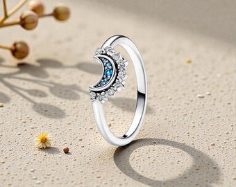 Crescent Moon Ring with Blue Stones, Sterling Silver Celestial Band, Dainty Women’s Jewellery Gift For Anniversaries, for Night Sky Lovers