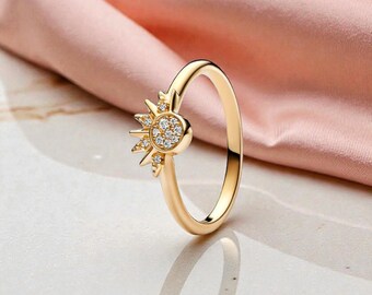 Gold Sunstone Ring for Women, 14K Gold-Plated Band with Sparkling Crystal Stone, Dainty Jewellery Gift for Women, Stackable Ring for Her