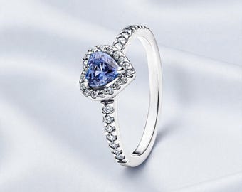 Heart Blue Stone Ring for Women, Silver Halo Band with Sparkling Cubic Zirconia, Romantic Gift Jewellery for Birthdays and Anniversaries