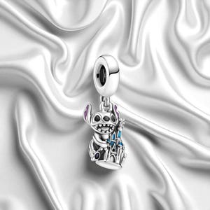 Stitch Castle Charm For Bracelet, Silver Stitch Charm For Bracelet, Fits On Pandora Bracelet , Purple Enamel Bracelet Charm, Stitch Gift