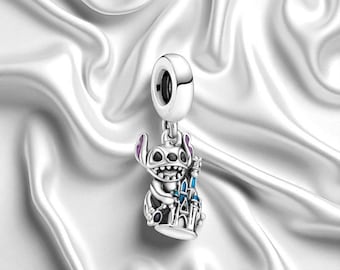 Dije de pulsera de Stitch Castle, dije de plata para pulsera, compatible con pulsera Pandora, dije de pulsera de esmalte morado, regalo de Stitch
