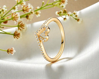 Gold Plated Wishbone Ring with Clear CZ Heart Design for Women, 14K Gold Plated Dainty Open Heart Jewellery Gift for Her, Romantic Jewellery