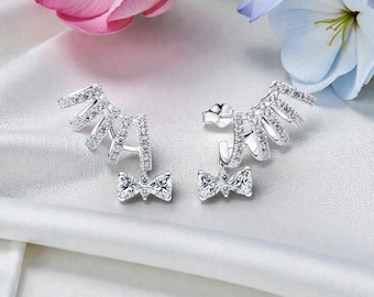 Bow Climber Earrings for Women, Sterling Silver Bow Earrings, Bridgerton Inspired Jewellery, Silver Ear Climber for Her, Romantic Earrings