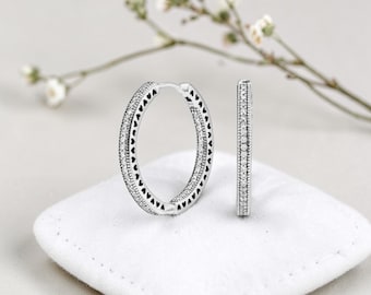 Hearts Hoop Earrings, Sterling Silver Hoop Earrings for Women, Heart Detail Earrings, Sparkle Hoop Jewellery Gift for Her, Heart Jewellery