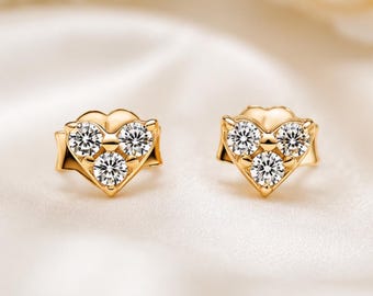 Heart Stud Earrings in Gold, Triple Stone Crystal Earrings for Women, Minimal Romantic Jewellery Gift, Dainty Everyday Ear Studs for Her