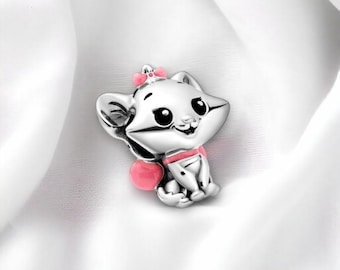 Bonita pulsera con dije de gato rosa Marie, pulsera con dije de gato plateado, colgante de gato rosa colgante, compatible con pulsera Pandora, regalo para hermana