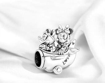 Dije de avión de Mickey y Minnie Mouse, colgante de plata, compatible con pulsera Pandora, joya de amor, amuleto de viaje, regalo para hija.