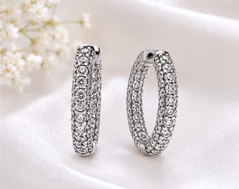 Single Row Hoop Earrings for Women, Sterling Silver Crystal Hoop Earrings, Minimal Sparkle Huggie Earrings Gift for Her, Pavé Jewellery