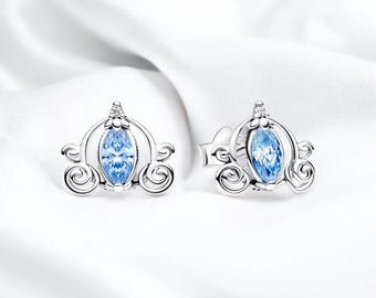 Cute Light Blue Carriage Earrings, Elegant Cinderella Stud Earring, Princess Studs, Minimalist Jewellery, Silver Earring, Gift For Her