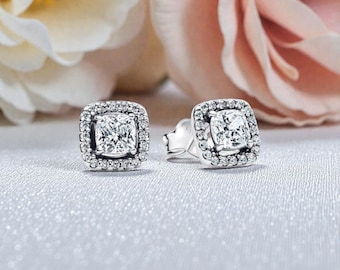 Square Halo Stud Earrings in Sterling Silver, Cubic Zirconia Crystal Ear Studs for Women, Minimal Jewellery Gift, Sparkly Everyday Earrings