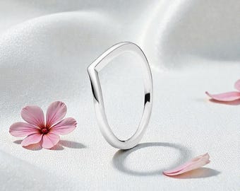 Silber Stapelbarer Wishbone Ring für Frauen, Minimalistischer V-förmiger Polierter Bandring Schmuck, Sterling Silber Einfacher Stapelring für Frauen
